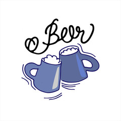 Pub logo concept. Two hand drawn beer mugs with handwritten Beer lettering on the white background. Isolated design elements