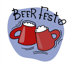 Beer Fest logo. Two hand drawn beer mugs with Beer Fest hand lettering. Isolated design elements