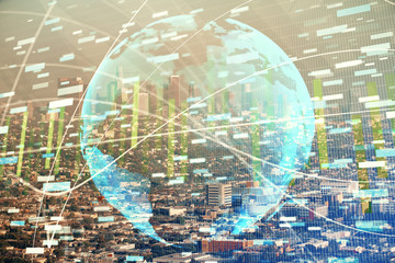 Double exposure of business theme hologram drawing and city veiw background. Concept of success.