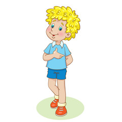 A little blond boy is walking. In cartoon style. Isolated on white background.