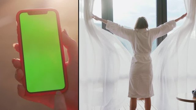 Footage for animation, logo, final shot. Multiscreen footage, left part - hand woman use phone green vertical screen sunset, right part - back view woman open curtain lace stand in luxury apartment.
