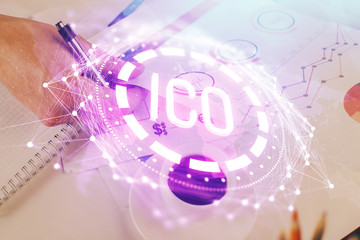 Businessman with hands background. Crypto currency concept.