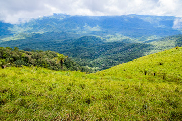 Fototapeta na wymiar Viewpoint and green fields in the rainy season at Doi Luang Tak, Tak Province,Thailand.