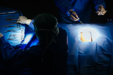 top view of doctor and assistant surgeon team performing work in operation room at hospital, emergency case, surgery, medical technology, surgical, health care cancer and disease treatment concept