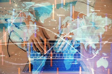 Multi exposure of businessman working on laptop on background. International business hologram in front. Concept of success.