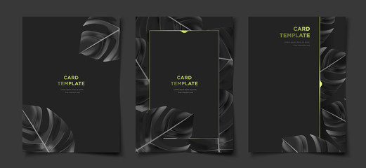 Set of elegant tropical monstera leaf black cover template layout set with foliage background, luxury spa, hotel, card, invitation, salon and more