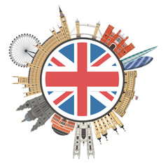 Obraz premium Architectural sights of London on the background of the British flag. London city buildings silhouette. London cityscape with landmarks. Travel Untied Kingdom skyline background