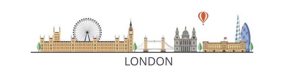 Fototapeta premium Panorama of London flat style vector illustration. London architecture. Cartoon United Kingdom symbols and objects.