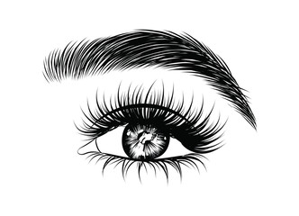 Obraz premium Hand-drawn woman's sexy luxurious eye with perfectly shaped eyebrows and full lashes. Idea for business visit card, typography vector. Perfect salon look.