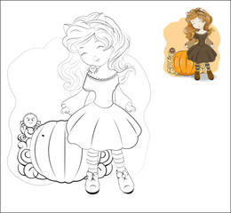 Coloring book Halloween cat girl