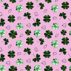 Green clover leaves seamless background. Botanical illustration hand-drawn in watercolor. Design for Wallpaper, fabric and other things.