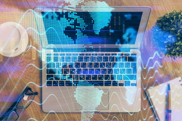 Multi exposure of chart and financial info and work space with computer background. Concept of international online trading.