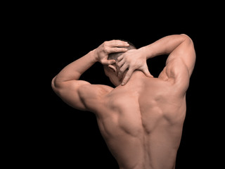 Fototapeta na wymiar Hand with neck pain concept over dark background.