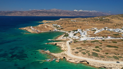 Fototapeta na wymiar Aerial drone photo of main town and port of Koufonisi island, Small Cyclades, Greece