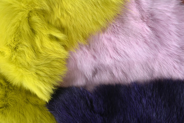 Pink blue and yellow rabbit fur background texture on the wooden table