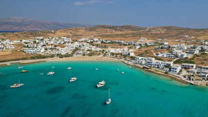 Fototapeta na wymiar Aerial drone photo of famous sandy turquoise beach of Ammos and main port of Koufonisi island, Small Cyclades, Greece