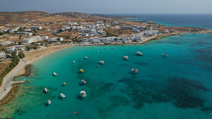 Naklejka na ściany i meble Aerial drone photo of famous sandy turquoise beach of Ammos and main port of Koufonisi island, Small Cyclades, Greece