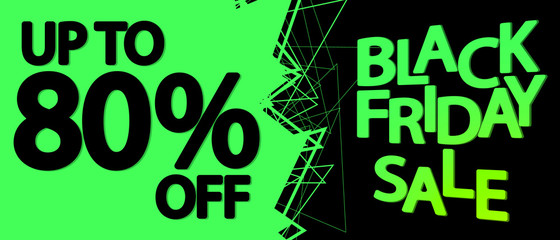 Black Friday Sale, up to 80% off,  horizontal poster design template, final offer, discount web banner, vector illustration