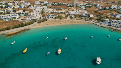 Fototapeta na wymiar Aerial drone photo of famous sandy turquoise beach of Ammos and main port of Koufonisi island, Small Cyclades, Greece