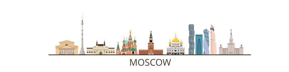 Panorama of Moscow flat style vector illustration. Moscow architecture. Cartoon Russia symbols and objects.