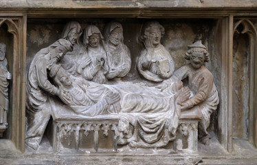 Jesus is Laid in the Tomb, statue on the tabernacle in St James Church in Rothenburg ob der Tauber, Germany
