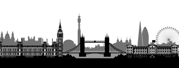 Fototapeta premium Panorama of London flat style vector illustration. Istanbul architecture. Cartoon London symbols and objects. London city skyline vector background. Flat trendy illustration.