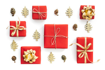 Red And Gold Christmas Gifts On White Background