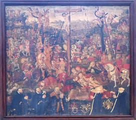 Crucifixion on Calvary hill, painting in the St James Church in Rothenburg ob der Tauber, Germany