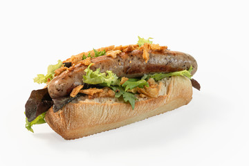 Delicious German style sausage on bread with lettuce and onion, side view