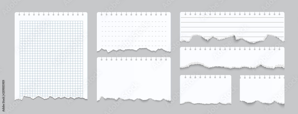 Aufkleber Torn notebook papers. Realistic blank gridded notebook ripped out papers. Vector illustration white paper sheets of square with cell horizontal line and perforation on gray background