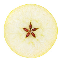 Yellow apple slice isolated on a white background, top view.