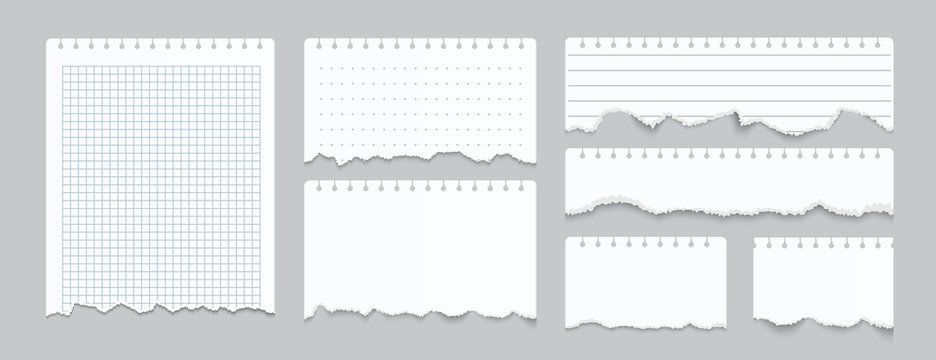 Torn notebook papers. Realistic blank gridded notebook ripped out papers. Vector illustration white paper sheets of square with cell horizontal line and perforation on gray background