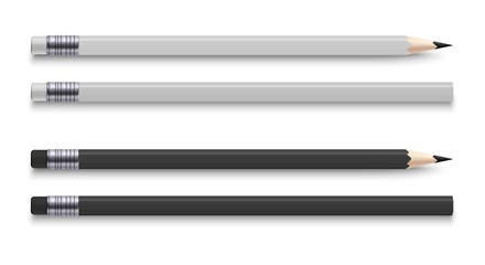 Realistic pencils with eraser. Sharpened wooden black and white colour graphite sharpened pencil. Vector illustration office stationery set