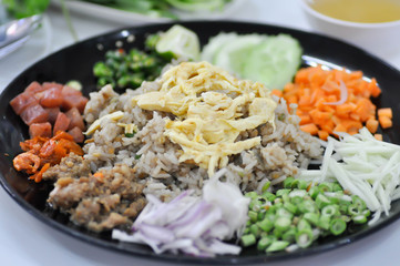 shrimp paste rice, fried rice or stir-fried rice with egg and vegetable