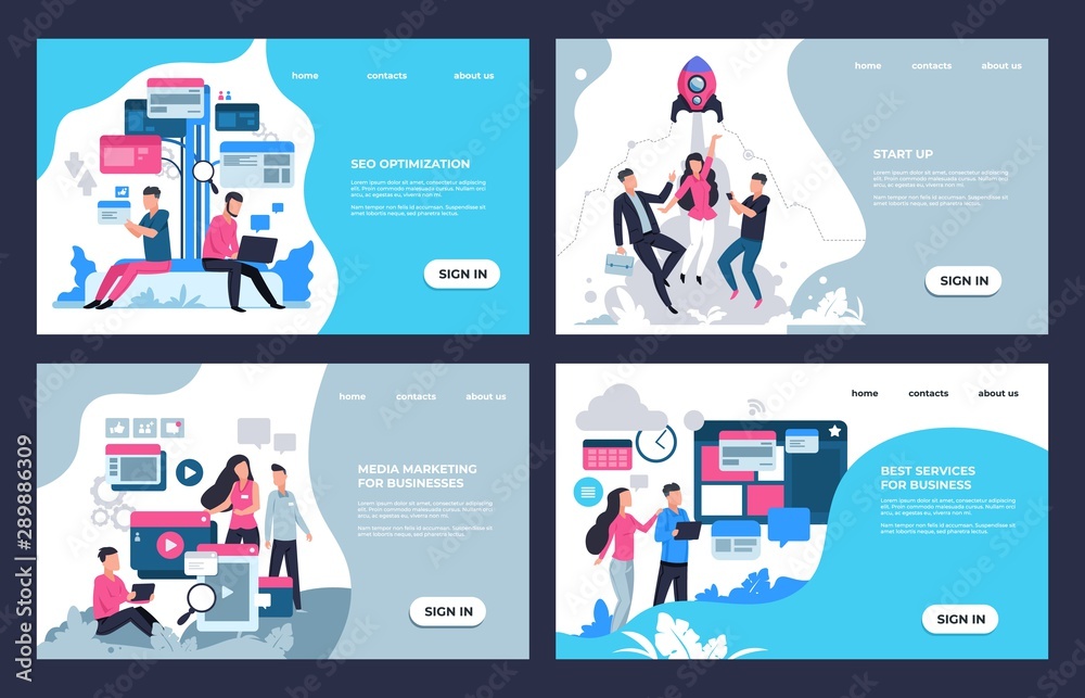Poster Marketing landing page. Modern SEO and online analytic concept, web sites and banners template with business characters. Vector illustrations set for cartoon website development design