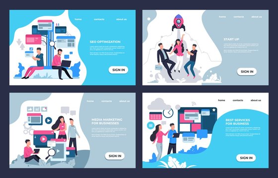 Marketing landing page. Modern SEO and online analytic concept, web sites and banners template with business characters. Vector illustrations set for cartoon website development design