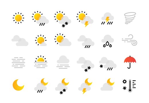 Weather line icons. Interface infographic elements with outline sun clouds rain fog wind symbols collection. Vector flat day and night weather for mobile phone and different computer gadget map