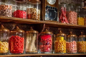 Rolgordijnen Old candy store. Colorful candies in jars. Old fashioned retro style © Tminaz
