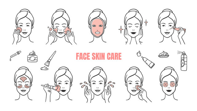 Face skin care icons. Makeup removal and dermatology infographic elements, facial masks and skincare cream. Vector illustration hand drawn symbol set for woman spa instruction apply