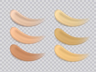 Foundation smudge. Realistic liquid foundation makeup smudges on transparent background. Vector illustration colors foundations texture make up or cosmetic cream