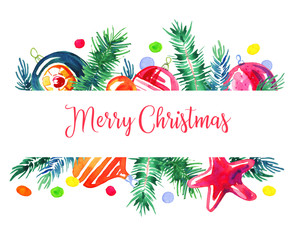 Fir branches with Christmas toys on the top of the page. Hand drawn sketch watercolor illustration