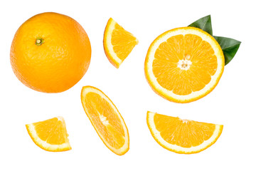 Lemon with leaf and slices isolated on white background. Flat lay, top view