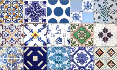 Gordijnen Seamless Portugal or Spain Azulejo Random Tile Background. High Resolution. © ckybe
