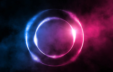 Background of an empty dark scene. Circle in smoke on a dark background, neon glow