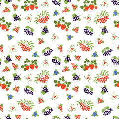 Berry seamless pattern. Fashion print. Mountain ash, strawberry, blueberry, red currant, rowan,  viburnum and black chokeberry. Design for textile or clothes. Vector organic healthy food