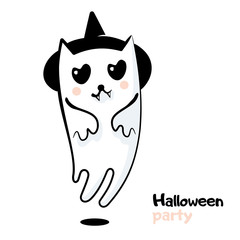 Cartoon cat in a Specter costume in a black hat and hearts in the eyes for a Halloween party. Vector illustration