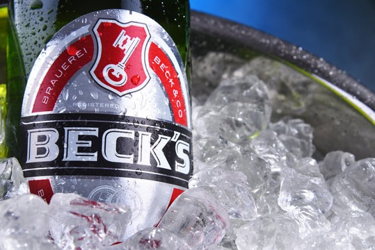 Bottle of Beck's beer in bucket with crushed ice