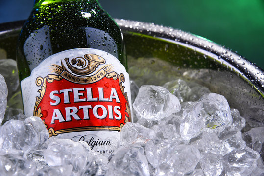 Bottle of Stella Artois beer in bucket with crushed ice