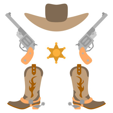 Vector illustration color icon set simplified leather cowboy boots and hat, sheriff star, revolvers. Wild west cowboy authentic symbol. Background american vintage object. Equipment for rodeo riding