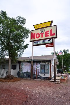 Seligman, Arizona - July 24, 2017: Azteca Motel sign on Historic Route 66. The town of Seligman retains all the flavor of the historic Route 66.